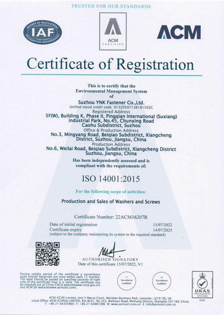 China Suzhou YNK Fastener Co., Ltd. certification