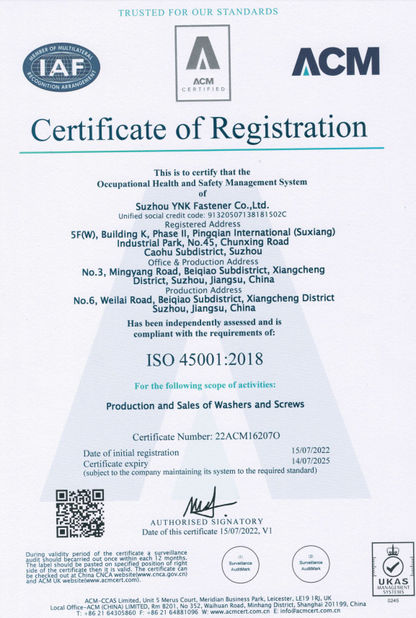 China Suzhou YNK Fastener Co., Ltd. certification